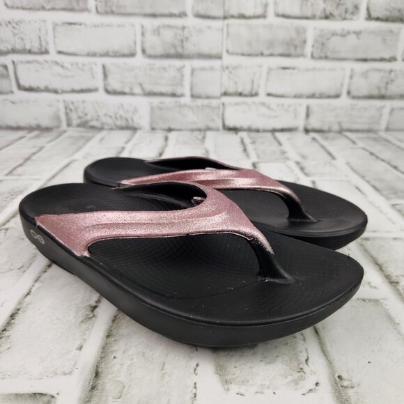 Oofos Oolala Luxe Womens US 6 EU 37 Pink Glitter Comfort Flip Flops Thong Sandal - Picture 1 of 10